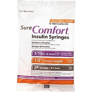 SureComfort Insulin Syringes U-100 12mm x 29G, 0.3-cc, 10 syringes