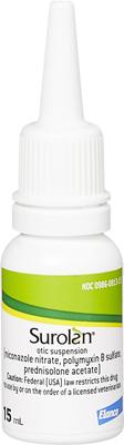 Show full view: Surolan (miconazole nitrate, polymyxin B sulfate, prednisolone acetate) Otic Suspension for Dogs, 15-mL slide 3 of 6