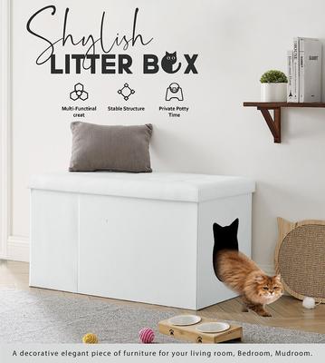 Show full view: Sweet Barks Designer Enclosure Hidden Washroom Bench Ottoman Cat Litter Box, White slide 3 of 11