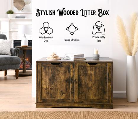 Show full view: Sweet Barks Enclosed House Side Table Cat Litter Box, Rustic Brown, Large slide 2 of 10