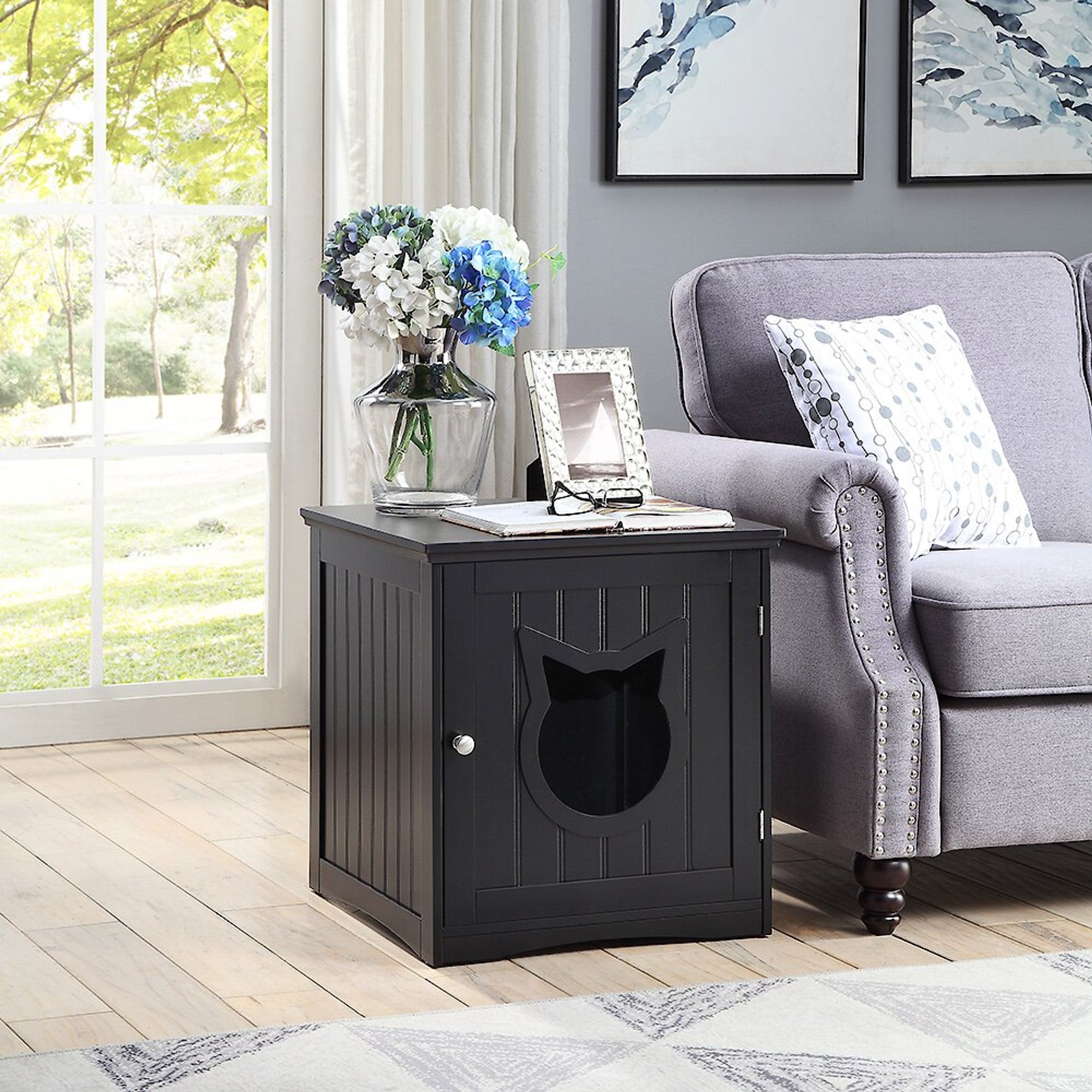 Sweet Barks Wooden Side Table Cat Litter Box Enclosure, Black