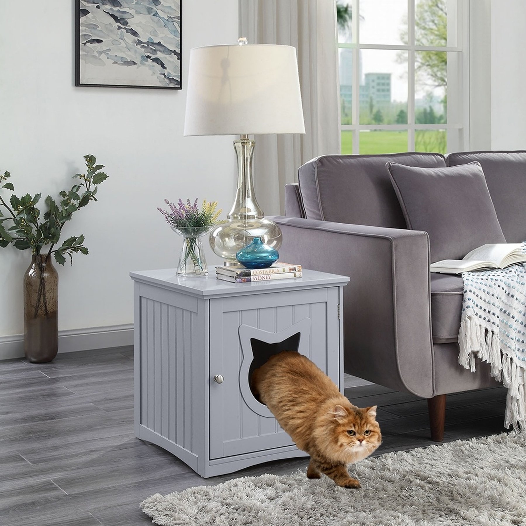 Sweet Barks Wooden Side Table Cat Litter Box Enclosure, Grey