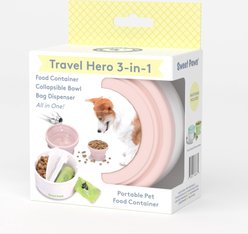 Sweet Paws Travel Hero 3-in-1 Portable Dog Food Container, Poop Bag Dispenser & Collapsible Water Bowl, Blush Pink