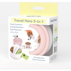 Sweet Paws Travel Hero 3-in-1 Portable Dog Food Container, Poop Bag Dispenser & Collapsible Water Bowl, Blush Pink