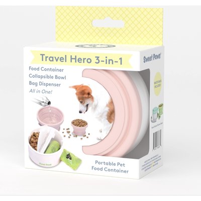 Sweet Paws Sweet Paws Travel Hero 3-in-1 Portable Dog Food Container, Poop Bag Dispenser & Collapsible Water Bowl, Blush Pink