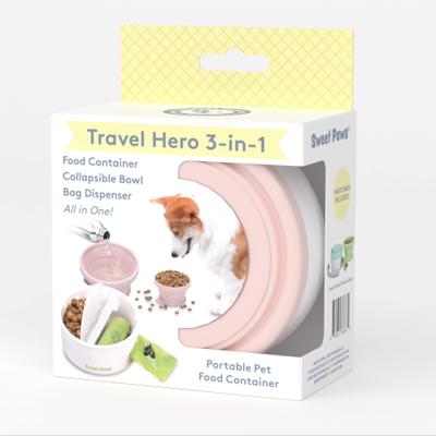 Show full view: Sweet Paws Travel Hero 3-in-1 Portable Dog Food Container, Poop Bag Dispenser & Collapsible Water Bowl, Blush Pink slide 1 of 12