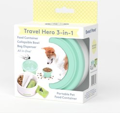 Sweet Paws Travel Hero 3-in-1 Portable Dog Food Container, Poop Bag Dispenser & Collapsible Water Bowl, Sea Glass