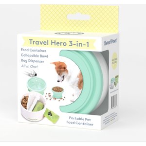 Sweet Paws Travel Hero 3-in-1 Portable Dog Food Container, Poop Bag Dispenser & Collapsible Water Bowl, Sea Glass