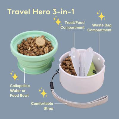 Show full view: Sweet Paws Travel Hero 3-in-1 Portable Dog Food Container, Poop Bag Dispenser & Collapsible Water Bowl, Sea Glass slide 3 of 11