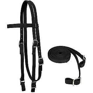 Tahoe Tack Plain Double Layer Nylon Horse Headstall & Reins, Black, Full