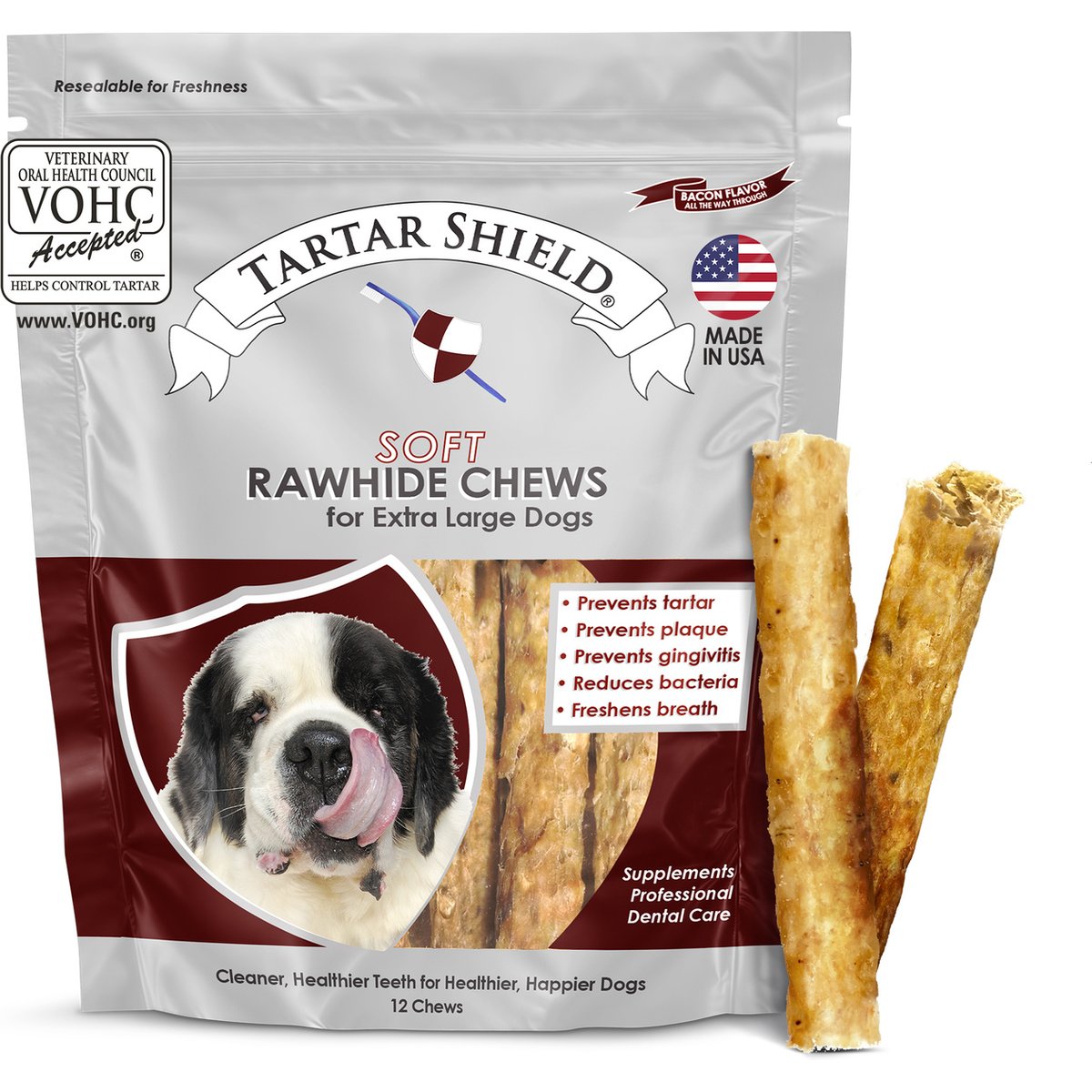Tartar Shield Soft Rawhide Chews Daily Dental Dog Treat, X-Large, 12 count