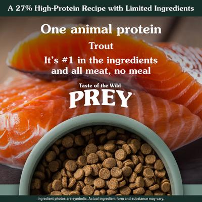 Show full view: Taste of the Wild PREY Trout Formula Limited Ingredient Recipe Dry Dog Food, 25-lb bag slide 5 of 11