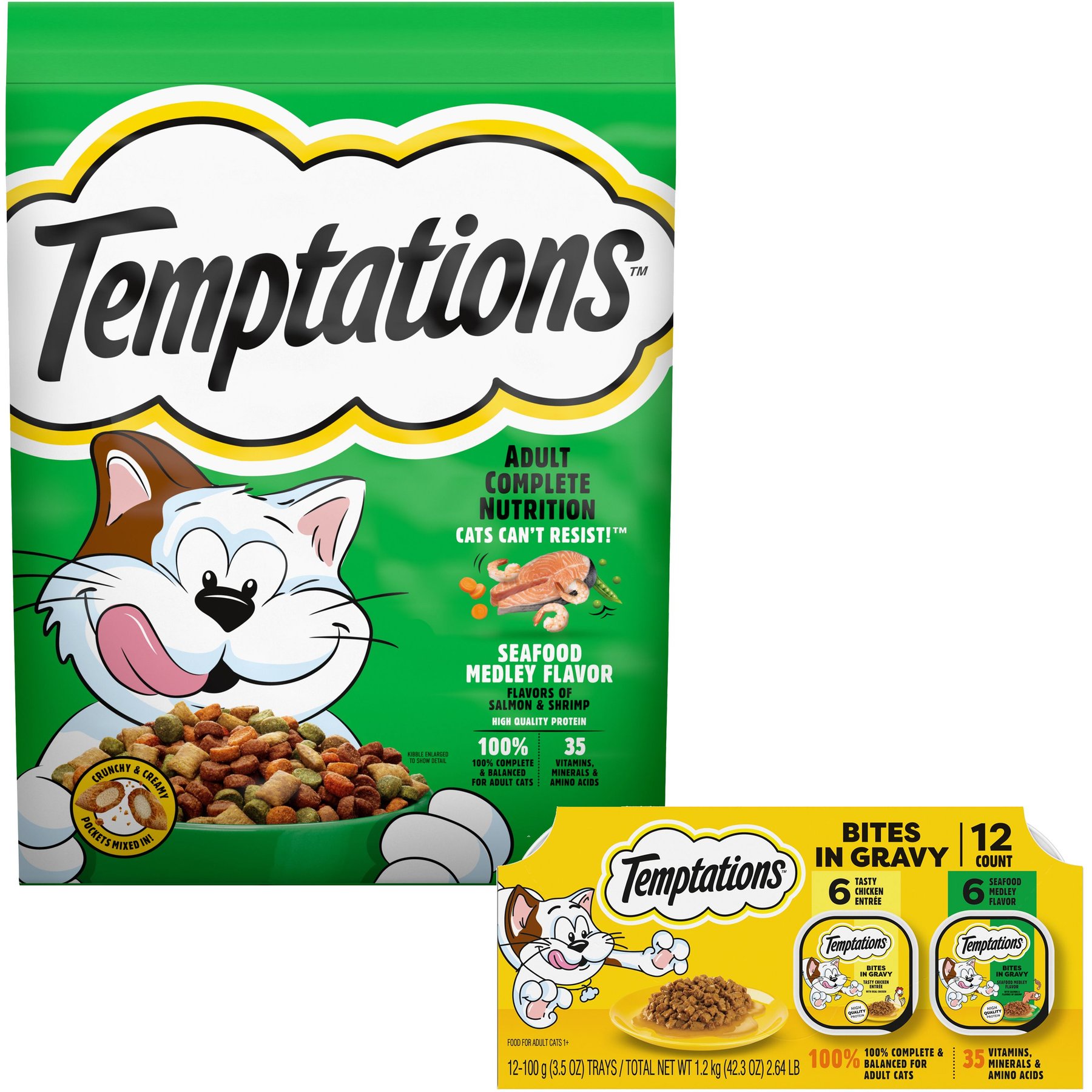 Temptations Bites in Gravy Flavor Variety Wet Food + Seafood Dry Cat Food