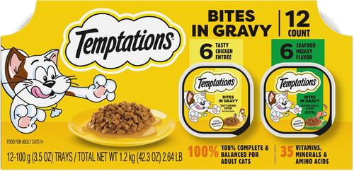 Show full view: Temptations Bites in Gravy Flavor Variety Wet Food + Seafood Dry Cat Food slide 2 of 9