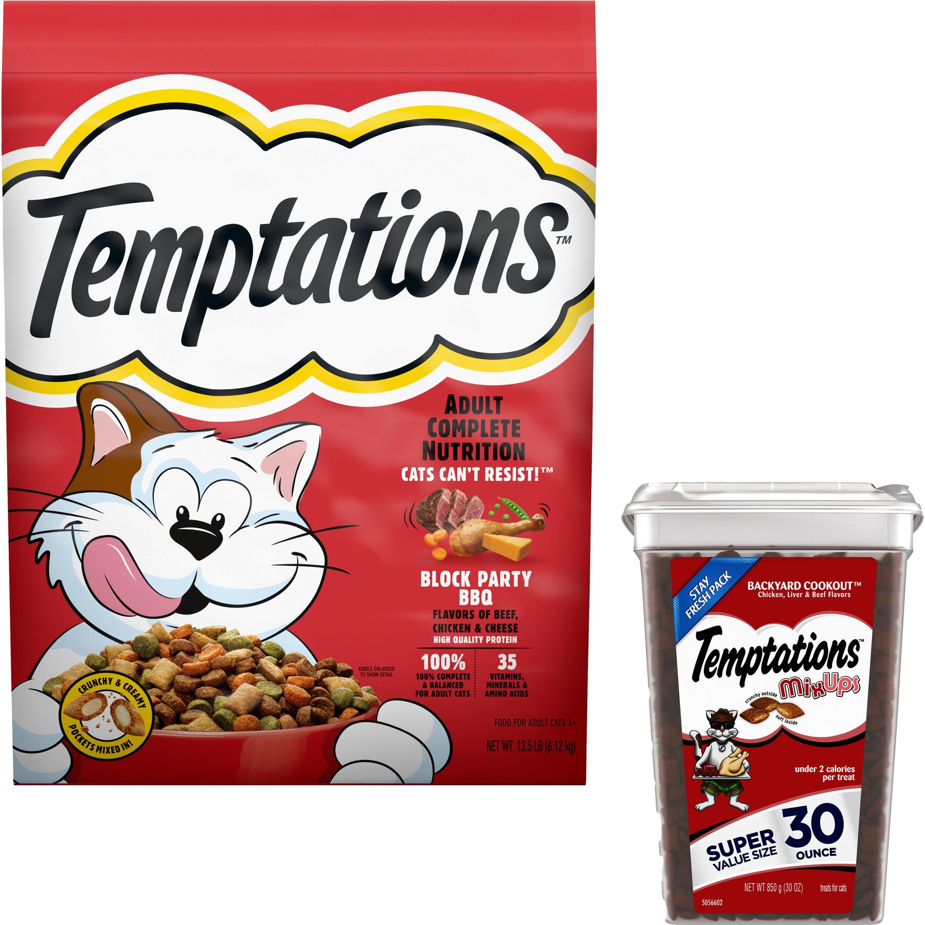 Temptations Block Party BBQ Flavor Dry Food + MixUps Backyard Cookout Flavor Soft & Crunchy Cat Treats