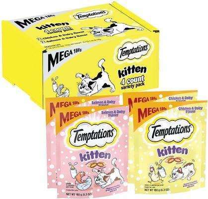 Show full view: Temptations Chicken & Dairy & Salmon & Dairy Flavor Soft & Crunchy Kitten Treat Multipack, 6.3-oz, 4 pack slide 1 of 11