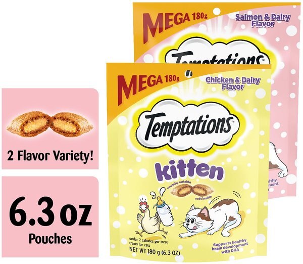 Temptations Chicken & Dairy & Salmon & Dairy Flavor Soft & Crunchy Kitten Treat Multipack, 6.3-oz, 4 pack