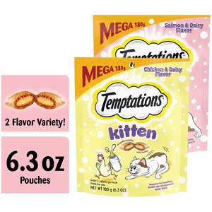 Temptations Chicken & Dairy & Salmon & Dairy Flavor Soft & Crunchy Kitten Treat Multipack, 6.3-oz, 4 pack