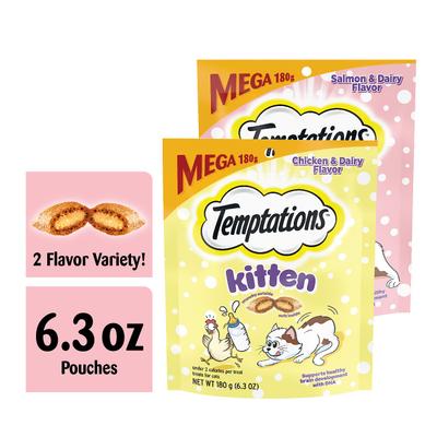 Show full view: Temptations Chicken & Dairy & Salmon & Dairy Flavor Soft & Crunchy Kitten Treat Multipack, 6.3-oz, 4 pack slide 5 of 11