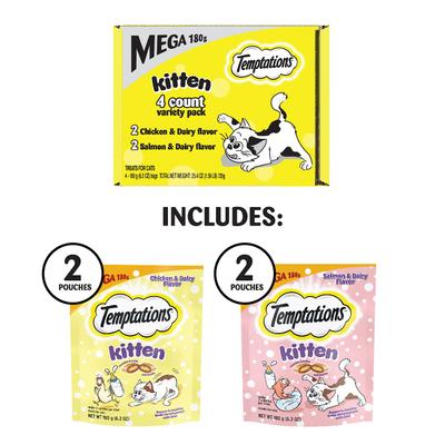 Show full view: Temptations Chicken & Dairy & Salmon & Dairy Flavor Soft & Crunchy Kitten Treat Multipack, 6.3-oz, 4 pack slide 6 of 11