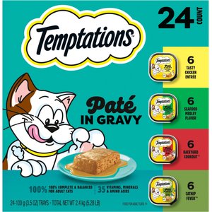 Temptations Chicken, Seafood & Backyard Cookout Variety Pack Pate in Gravy Adult Wet Cat Food, 3.5-oz tray, 24 count