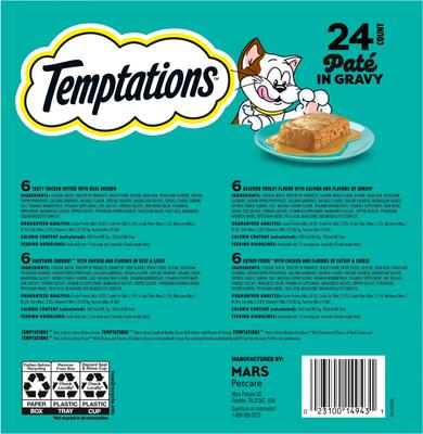 Show full view: Temptations Chicken, Seafood & Backyard Cookout Variety Pack Pate in Gravy Adult Wet Cat Food, 3.5-oz tray, 24 count slide 3 of 11