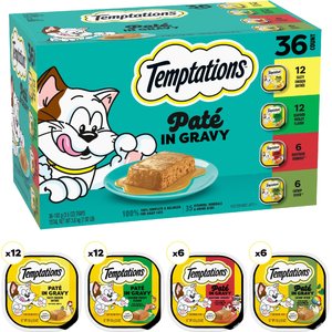 Temptations Chicken, Seafood & Backyard Cookout Variety Pack Pate in Gravy Adult Wet Cat Food, 3.5-oz tray, case of 36