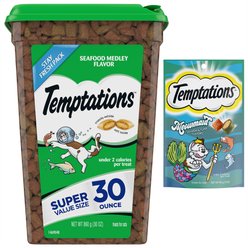 Temptations Classic Seafood Medley Flavor, 30-oz tub + MixUps Meowmaid Salmon & Tuna Flavors Soft & Crunchy Cat Treats