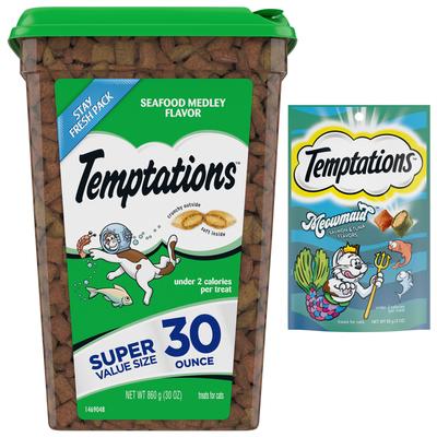 Show full view: Temptations Classic Seafood Medley Flavor, 30-oz tub + MixUps Meowmaid Salmon & Tuna Flavors Soft & Crunchy Cat Treats slide 1 of 10