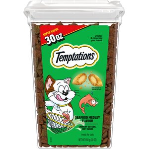 Temptations Classic Seafood Medley Flavor Soft & Crunchy Cat Treats, 30-oz tub