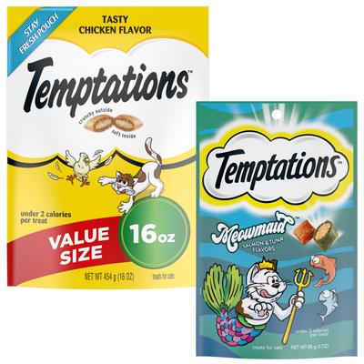 Show full view: Temptations Classic Tasty Chicken Flavor, 16-oz bag + MixUps Meowmaid Salmon & Tuna Flavors Soft & Crunchy Cat Treats slide 1 of 10