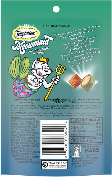 Show full view: Temptations Classic Tasty Chicken Flavor, 16-oz bag + MixUps Meowmaid Salmon & Tuna Flavors Soft & Crunchy Cat Treats slide 7 of 10