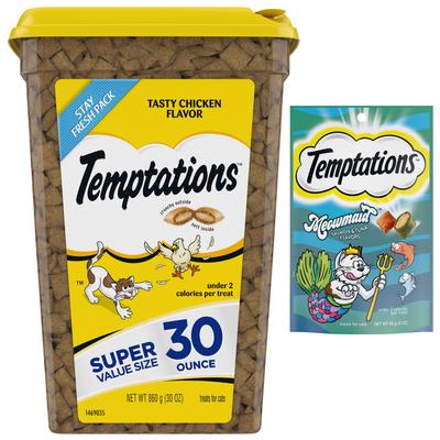 Show full view: Temptations Classic Tasty Chicken Flavor, 30-oz tub + MixUps Meowmaid Salmon & Tuna Flavors Soft & Crunchy Cat Treats slide 1 of 10