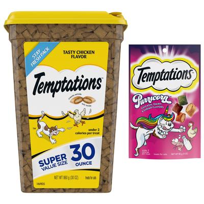 Show full view: Temptations Classic Tasty Chicken Flavor + MixUps Purricorn Chicken Dairy & Shrimp Flavors Cat Treats slide 1 of 10