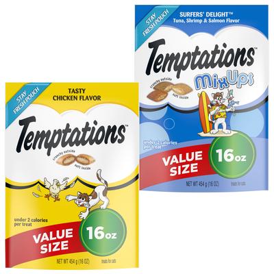 Show full view: Temptations Classic Tasty Chicken Flavor + MixUps Surfers' Delight Flavor Cat Treats slide 1 of 10