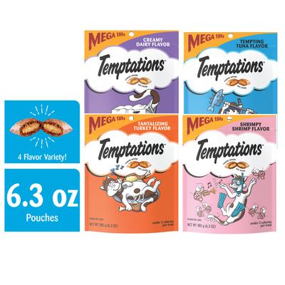 Show full view: Temptations Classic Variety Pack Creamy Dairy, Tempting Tuna, Shrimpy Shrimp & Tantalizing Turkey Flavor Soft & Crunchy Cat Treats, 6.3-oz, case of 6 slide 3 of 10