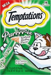 Temptations Creamy Puree Mix-Ups Seafood Medley Flavor Lickable Cat Treats, 0.42-oz tube, pack of 16