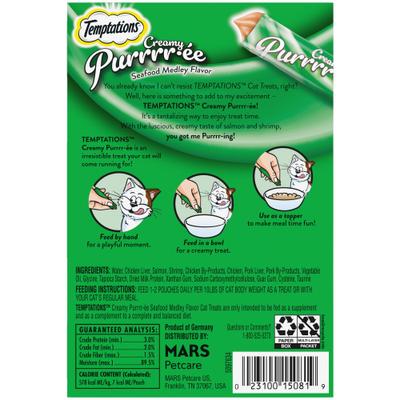 Show full view: Temptations Creamy Puree Mix-Ups Seafood Medley Flavor Lickable Cat Treats, 0.42-oz tube, pack of 16 slide 3 of 11