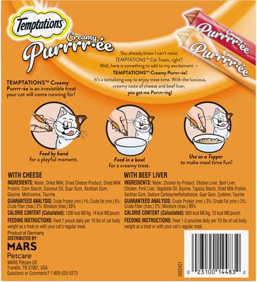 Show full view: Temptations Creamy Puree with Beef Liver & Cheese Variety Pack Lickable Cat Treats, 0.425-oz pouch, 24 count slide 3 of 12