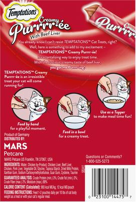 Show full view: Temptations Creamy Puree with Beef Liver Lickable, Squeezable Cat Treat, 0.425-oz pouch, 4 count slide 3 of 12