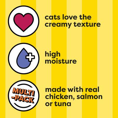 Show full view: Temptations Creamy Puree with Chicken, Salmon, & Tuna Variety Pack Squeezable Lickable Cat Treats, 0.42-oz tube, 72 count slide 6 of 11