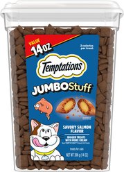 Temptations Jumbo Stuff Savory Salmon Flavor Soft & Crunchy Cat Treats, 14-oz tub