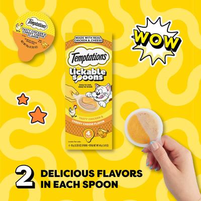Show full view: Temptations Lickable Spoons Tasty Chicken & Cheesy Cheese Cat Lickable Treats, .353-oz spoon, box of 4 slide 5 of 11