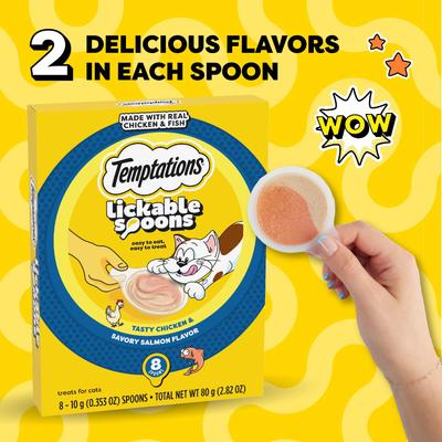 Show full view: Temptations Lickable Spoons Tasty Chicken & Savory Salmon Cat Lickable Treats, .353-oz spoon, box of 8 slide 5 of 11