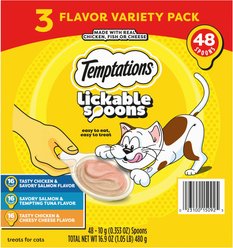 Temptations Lickable Spoons Variety Pack with Chicken & Salmon Lickable Cat Treats, 16.9-oz box, case of 48