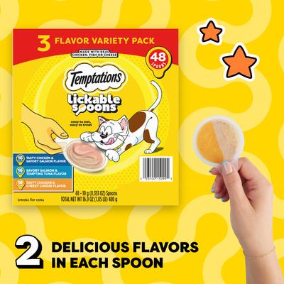 Show full view: Temptations Lickable Spoons Variety Pack with Chicken & Salmon Lickable Cat Treats, 16.9-oz box, case of 48 slide 10 of 11