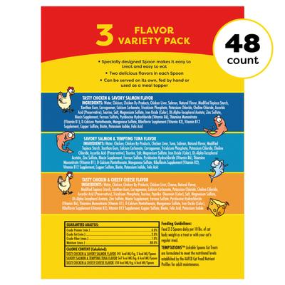 Show full view: Temptations Lickable Spoons Variety Pack with Chicken & Salmon Lickable Cat Treats, 16.9-oz box, case of 48 slide 3 of 11
