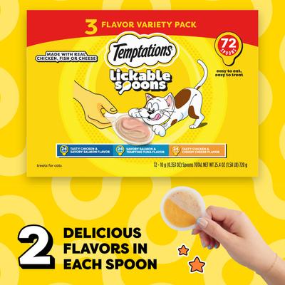 Show full view: Temptations Lickable Spoons Variety Pack with Chicken & Salmon Lickable Cat Treats, 25.4-oz box, case of 72 slide 10 of 10