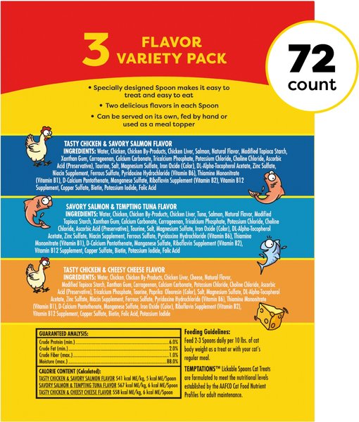 Temptations Lickable Spoons Variety Pack with Chicken & Salmon Lickable Cat Treats, 25.4-oz box, case of 72
