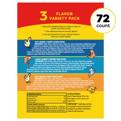 Show full view: Temptations Lickable Spoons Variety Pack with Chicken & Salmon Lickable Cat Treats, 25.4-oz box, case of 72 slide 3 of 10